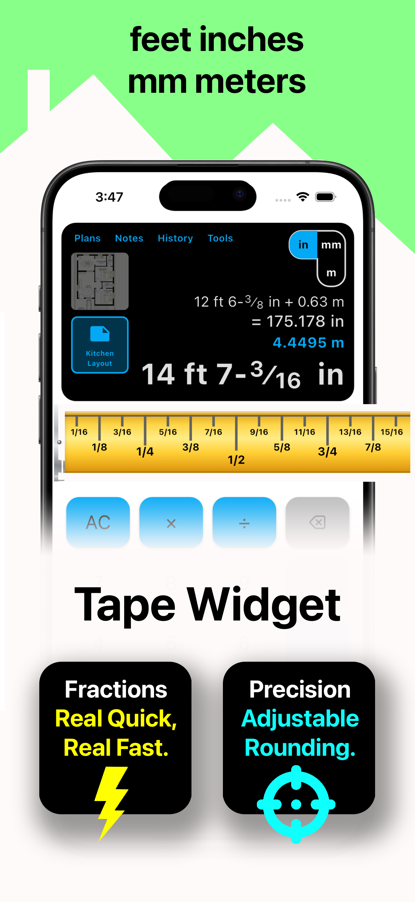 HammerCalc Tape Measure widget for fast fraction input