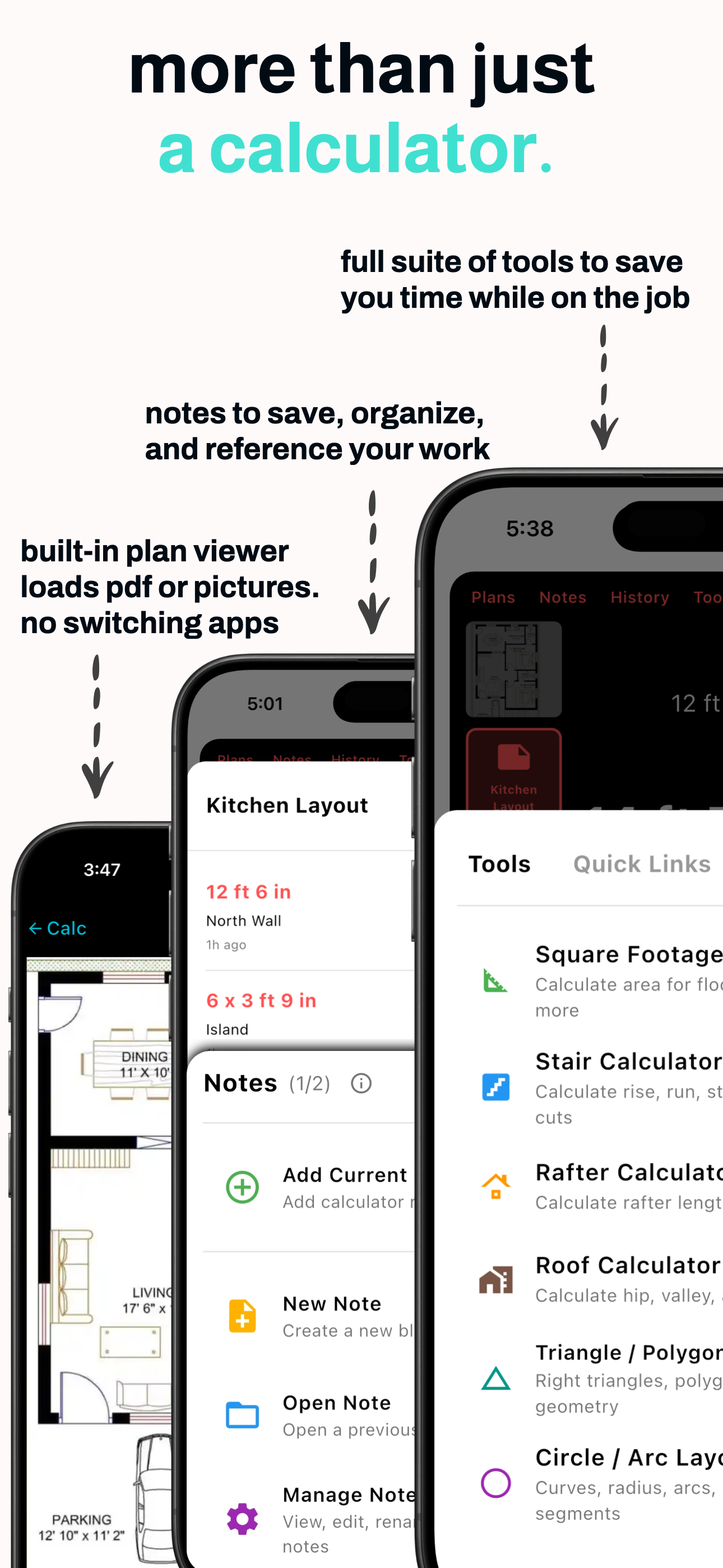 HammerCalc plan viewer, notes and specialized tools