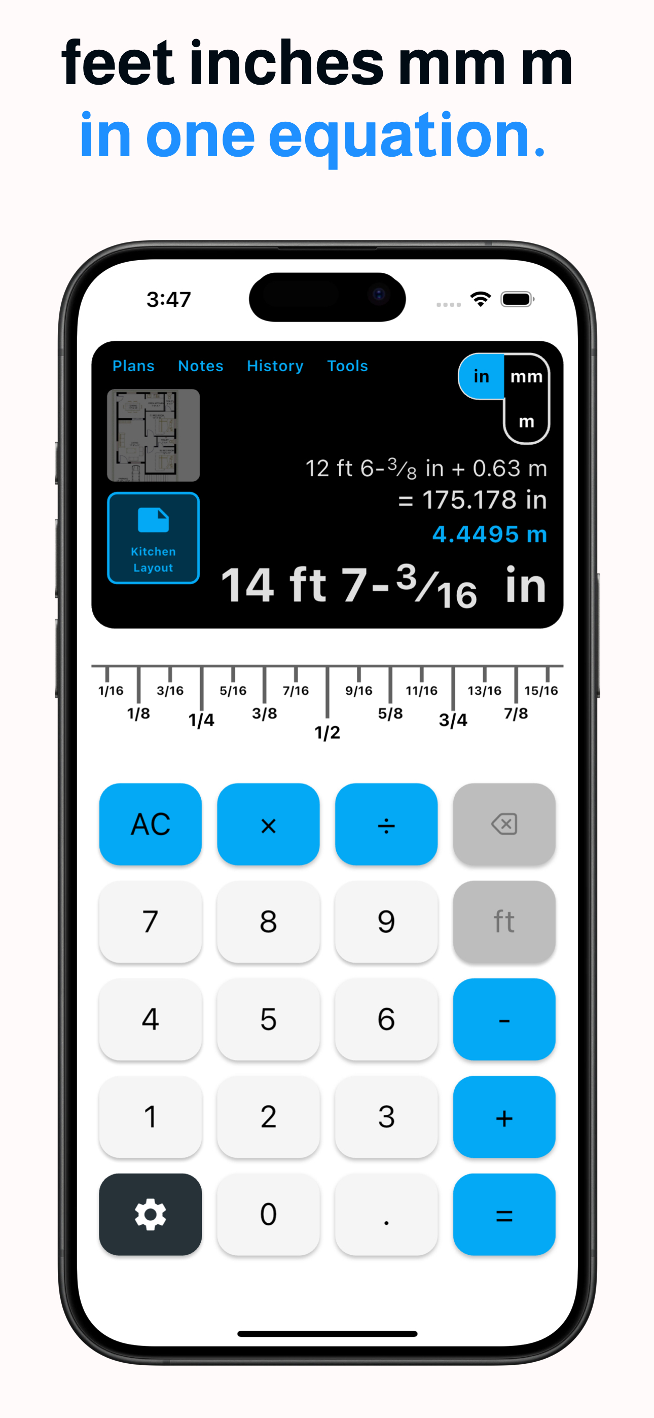 HammerCalc combining feet, inches and meters in one calculation