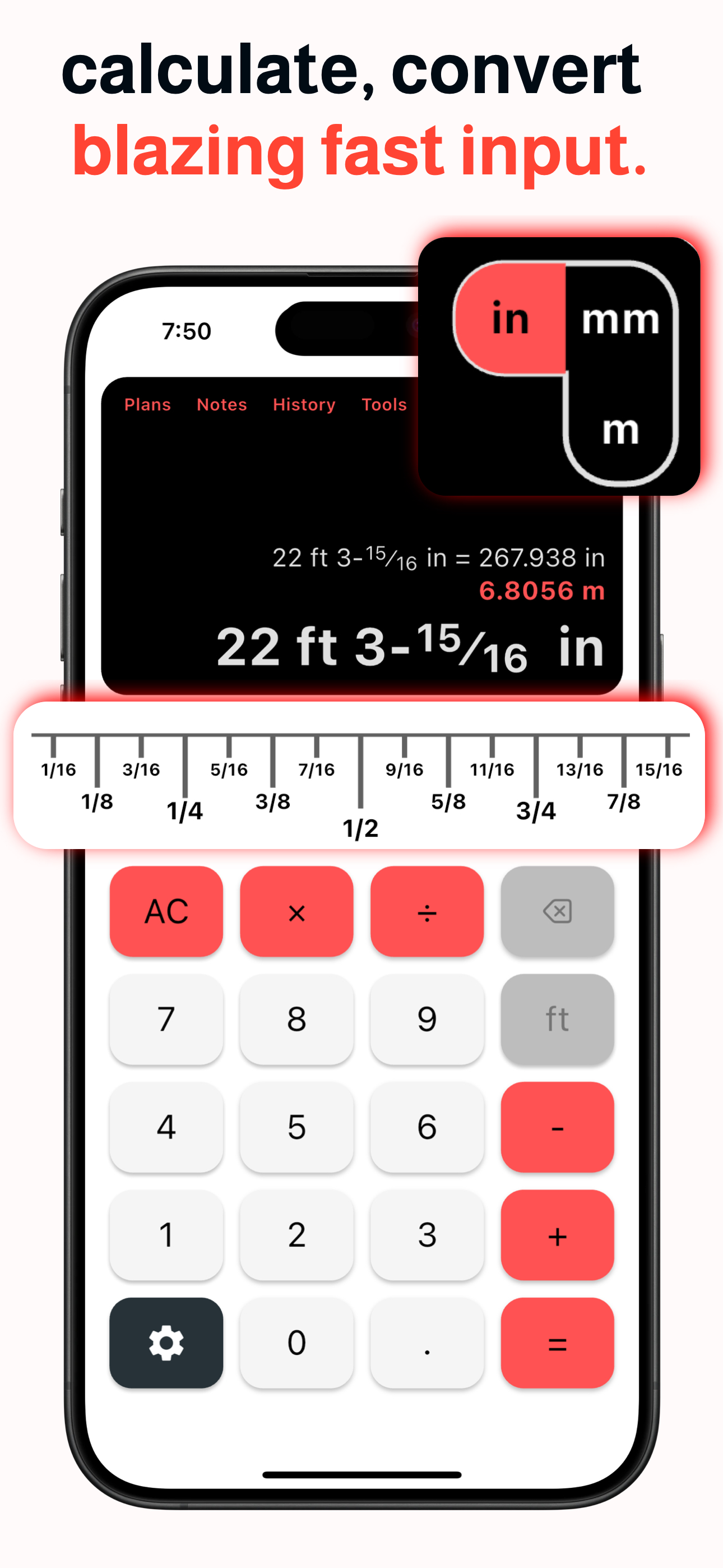 HammerCalc Tape Measure widget for fast fraction input